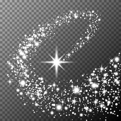 Abstract semitransparent vector magic glow star trail light effect with neon blur curved line shoots up. Sparkling translucent comet bokeh. Special white christmas effect on transparent background © 7razer