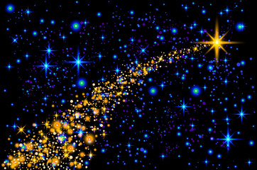 Abstract Bright Falling Star - Christmas Star - Shooting Star with Twinkling Star Trail on Dark Blue Background - Meteoroid, Comet, Asteroid - Backdrop Vector Illustration