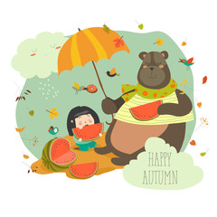 Obraz na płótnie Canvas Cute girl with bear eating watermelon