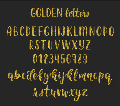 Gold glitter handwritten latin calligraphy brush script with numbers and symbols. Vector