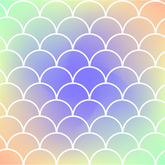 Obraz premium Mermaid scale on trendy gradient background. Square backdrop with mermaid scale ornament. Bright color transitions. Fish tail banner and invitation. Underwater and sea pattern. Rainbow colors.