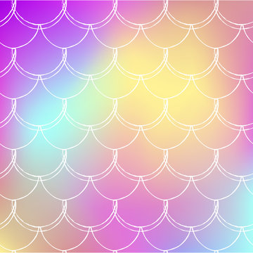 Mermaid tale on trendy gradient background. Square backdrop with mermaid tale ornament. Bright color transitions. Fish scale banner and invitation. Underwater and sea pattern. Rainbow colors.