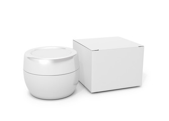 A jar of cream and a white square box on a white background. 3D illustration