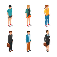 Trend Isometric people of different characters: teenager, freelancers, business woman and businessman in suits insulated. Vector illustration.