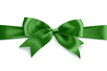 Realistic satin green bow knot on ribbon. Vector illustration icon isolated on white.