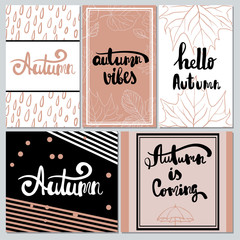 Hand drawn hello Autumn. autumn vibes. Autumn is coming. Collection of autumn  other typography flyer template with lettering bright fall leaves