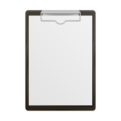 Black clipboard with blank white sheet attached on white background. Vector illustration.