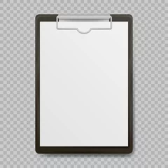Foto op Plexiglas Black clipboard with blank white sheet attached on transparent background. Vector illustration. © brovkoserhii
