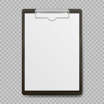 Black clipboard with blank white sheet attached on transparent background. Vector illustration.
