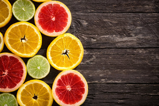 various slices of citrus background.