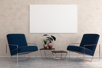 Minimalistic room with furniture and empty billboard