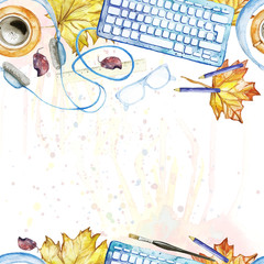 Seamless background pattern of objects painted watercolor office equipment, tools, worktable, yellow leaves, maple leaf, on a theme September 1, study, knowledge, on a white background top view with a