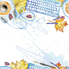 Seamless background pattern of objects painted watercolor office equipment, tools, worktable, yellow leaves, maple leaf, on a theme September 1, study, knowledge, on a white background top view with a
