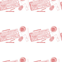 Seamless background pattern of objects painted watercolor office equipment, tools, worktable on a theme September 1, study, knowledge, on a white background top view in red tone