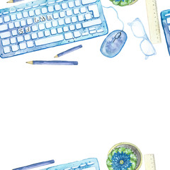 Seamless background pattern of objects painted watercolor office equipment, tools, desktop on a theme September 1, study, knowledge, on a white background top view