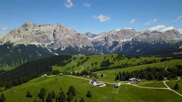 Fantastic landscape on the Dolomites. Drone aerial view on the peaks called Sas Crusc, Lavarela, Conturines and Pizes de Fanis. Place is Alta Badia, Sud Tirol, Italy