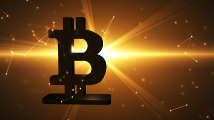 Golden symbol of bitcoin, new virtual money on various digital background, 3D illustration