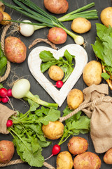 Fresh vegetables, potatoes, radishes and onions on a black wooden background