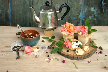 Herbal tea with fresh and dry rose petals