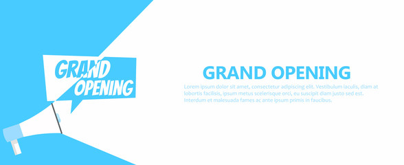 Grand opening banner. Gramophone with text, on a white blue background