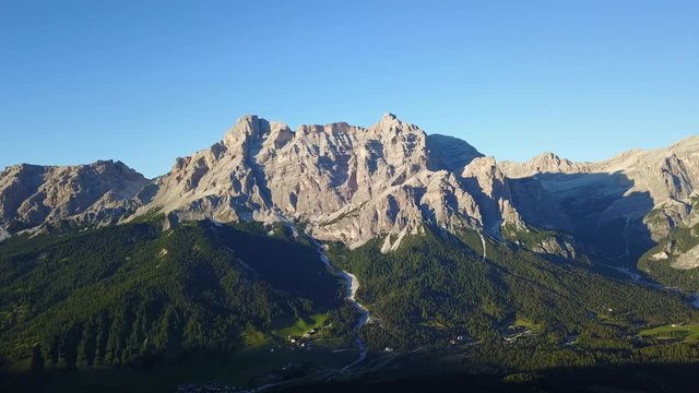 Fantastic landscape on the Dolomites. Drone aerial view on the peaks called Sas Crusc, Lavarela, Conturines and Pizes de Fanis. Place is Alta Badia, Sud Tirol, Italy