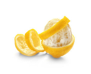 Delicious peeled citrus fruit on white background