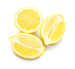 Delicious sliced citrus fruit on white background