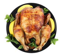 Plate with tasty homemade lemon chicken on white background