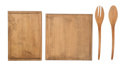 Wooden boards and utensils on white background