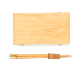 Wooden board and chopsticks on white background