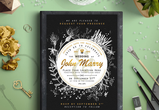Black and White Wedding Invitaiton with Gold Accents 1