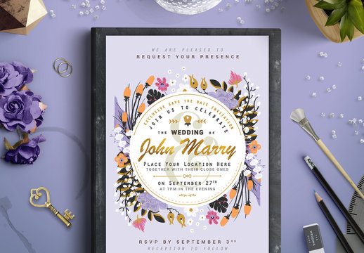 Hand-Drawn Floral Wedding Invitation with Gold Accents 1
