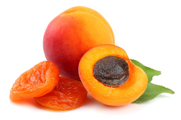 apricot fruits with green leaf and dried apricot isolated on white background Clipping Path
