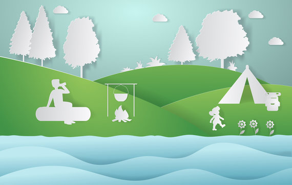 Summer camping paper cut style. Concept with mountain, trees, people at a picnic. Vector illustration