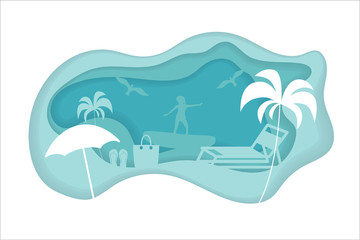 Fototapeta na wymiar Paper Crafted Cutout World. Concept of summer time, surf board and sea or ocean. Vector illustration
