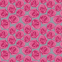 Watercolor seamless pattern with pink roses on grey