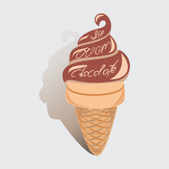  Chocolate ice cream with shadow and lettering. Label. Emblem. Composition on a light background. Print design on paper and design of packaging materials.