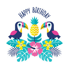 Obraz na płótnie Canvas Colorful party invitation template or greeting card with toucans, pineapple and tropical flowers and leaves. Text reads It’s Party Time. For kids, cards, invitations, tags, social media banners.