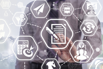 Summary Business concept. Man presses sheet of paper pen button on virtual graphical user interface.