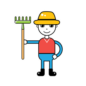 Farmer holding a green rake, vector icon isolated.