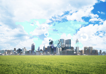Fototapeta na wymiar Natural background with modern cityscape green field and media interface