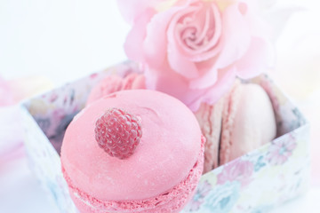 Macarons with raspberries, marshmallows on the background of beautiful flowers roses. Dessert close-up.