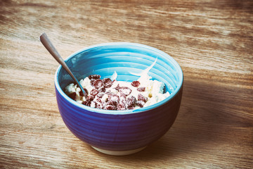 dairy dietary healthy breakfast product cottage cheese with red cranberries in blue ceramic bowl.