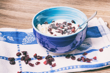 dairy dietary healthy breakfast product cottage cheese with red cranberries in blue ceramic bowl.