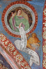 Obraz premium San Marco evangelista; affresco gotico nella chiesa di San Giacomo a Termeno
