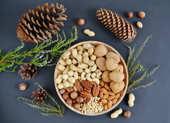 Assorted Mixed Nuts Peanuts Almonds Pecan Cashew Hazelnuts Macadamia Pine Black Background Healthy Concept