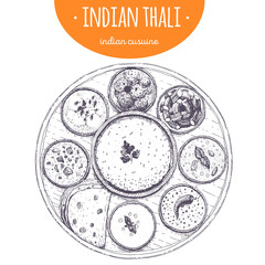 Indian thali top view vector illustration. Indian cuisine. Linear graphic.