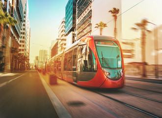 view of a moving tram in Casablanca - Morocco - obrazy, fototapety, plakaty