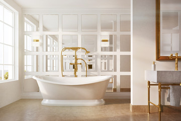 Fototapeta na wymiar Vintage bathroom, white tub, mirror toned