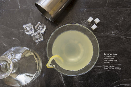 Classic Lemon Drop Martini Cocktail With Bottle And Recipe